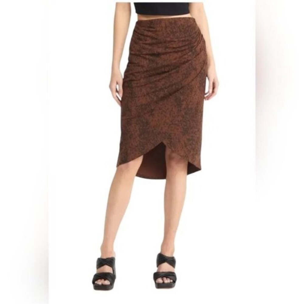 Open Edit NWT Brown Black Ruched Pattern Pencil Stretch Skirt size XS Nordstrom - Picture 2 of 8